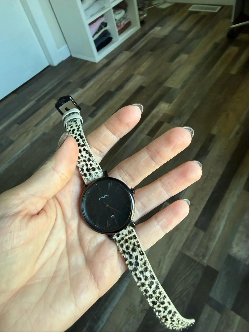 Fossil Black Dial Watch with Leopard-Print Strap
